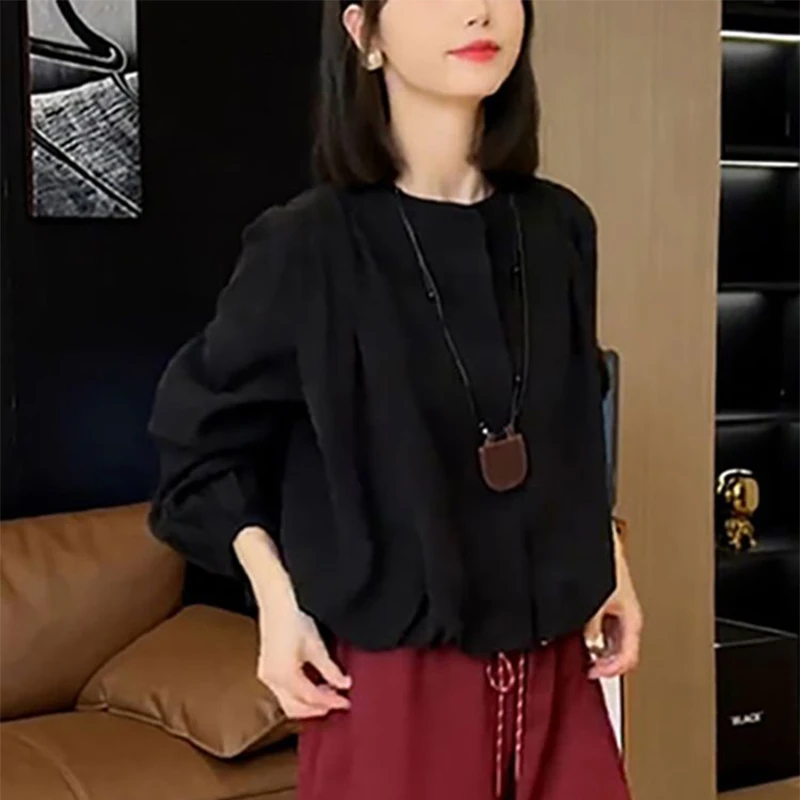 韩版时尚复古长袖圆领衬衫女简约纯色宽松休闲显瘦百搭薄款上衣女