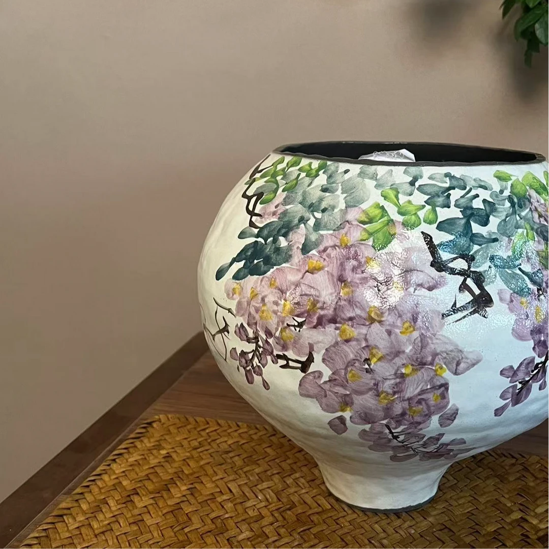 景德镇艺术感酒杯器型手绘紫藤花瓶（高21 口15）