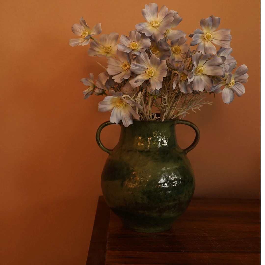 景德镇手绘艺术感双耳复古绿花瓶（高20 口12）