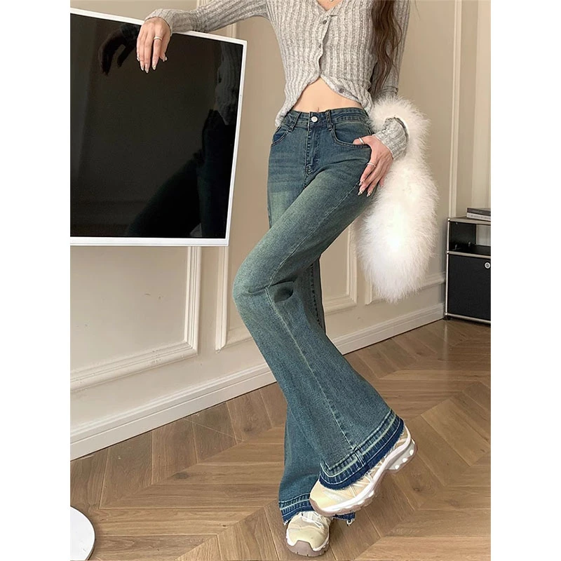 美式复古微喇裤女冬季加绒胖mm大码高腰宽松梨形身材马蹄牛仔裤子