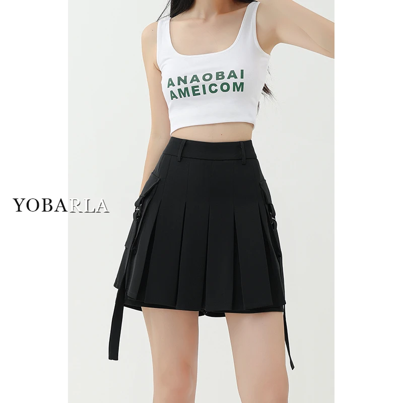 黑色工装百褶短裙女夏季新款高腰大码宽松显瘦小个子a字半身裙子