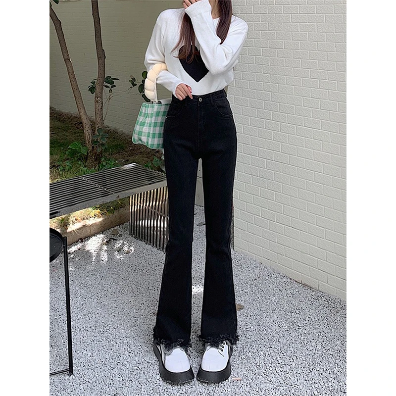 黑色弹力微喇牛仔裤女秋季新款高腰显瘦梨形身材大码毛边喇叭裤子