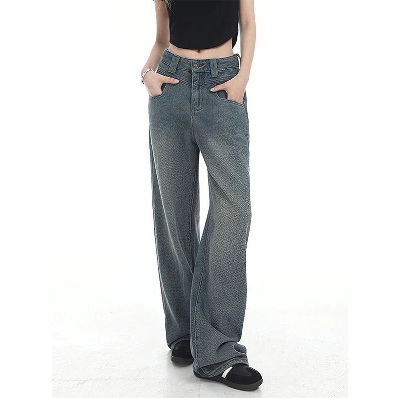 星空纹复古牛仔裤女春秋新款大码高腰宽松显瘦梨形身材阔腿直筒裤