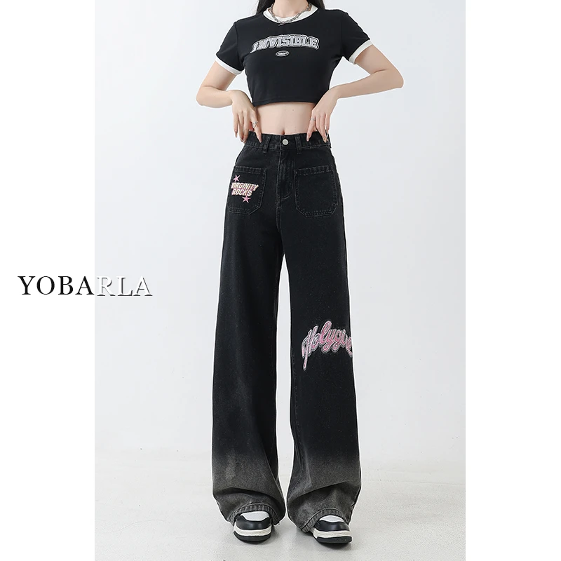 黑色直筒渐变刺绣牛仔裤女秋冬新款大码高腰宽松显瘦拖地阔腿裤