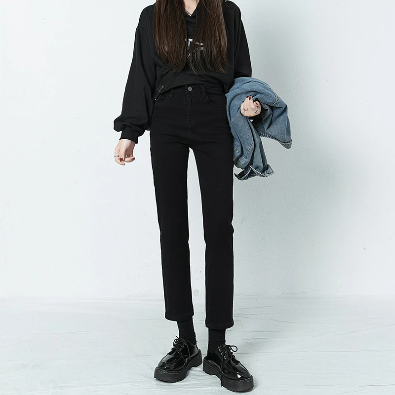 高腰直筒牛仔裤女秋冬胖mm黑色大码梨形身材加绒小个子九分烟管裤