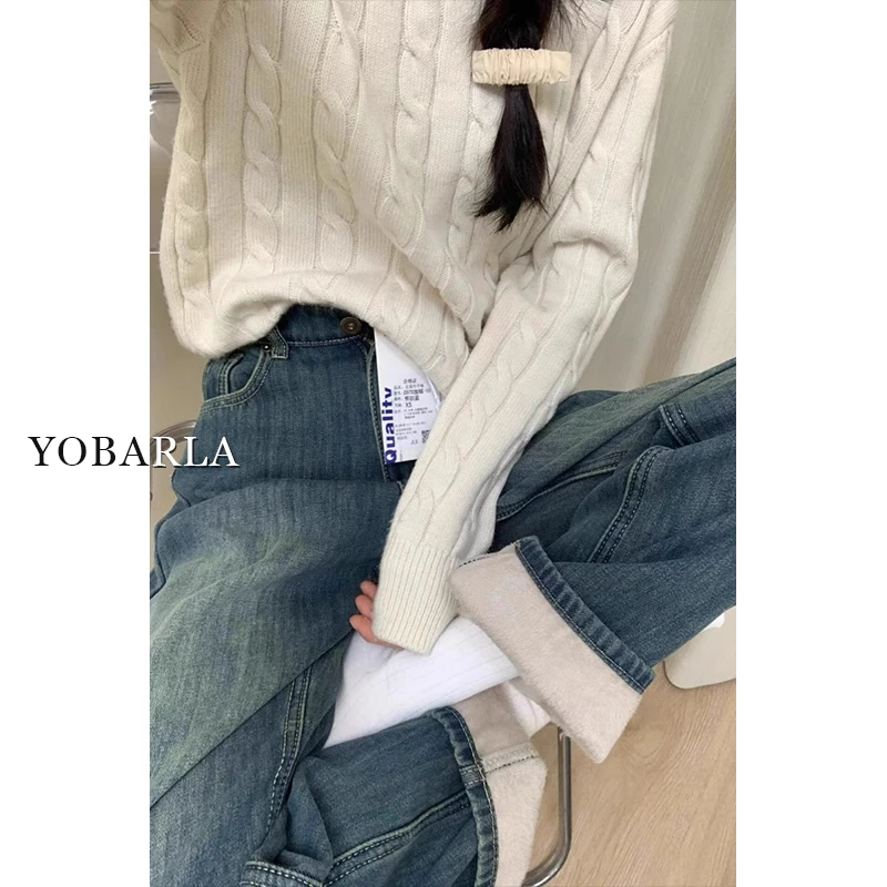 加绒秋冬牛仔裤女高腰胖mm宽松大码遮肉显瘦梨形身材阔腿直筒裤子