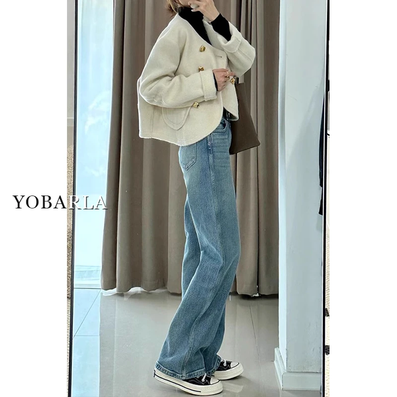 复古直筒牛仔裤女冬季加绒胖mm大码宽松窄版梨形身材阔腿裤子