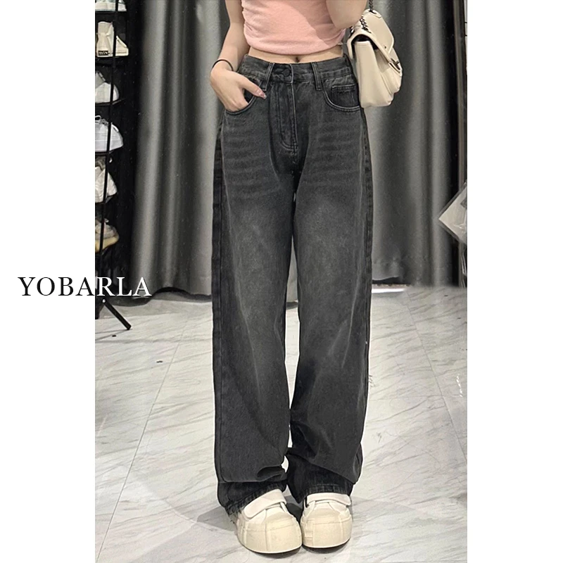 黑灰色直筒牛仔裤女高腰冬季加绒大码胖mm宽松显瘦梨形身材阔腿裤
