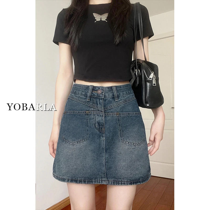 复古高腰牛仔短裙女秋冬新款大码宽松遮肚显瘦梨形身材a字半身裙