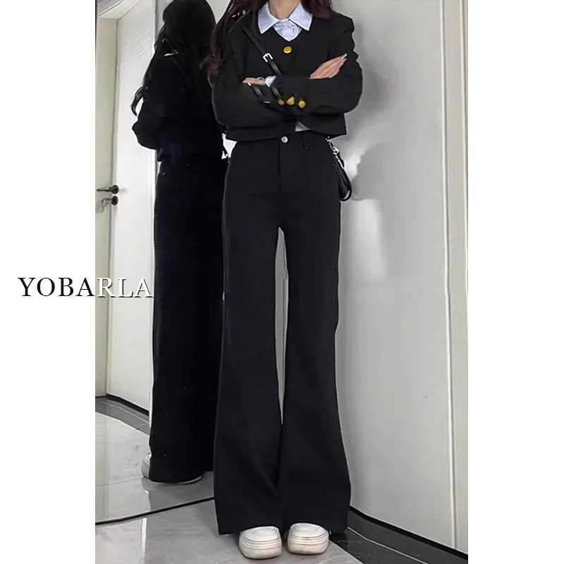 黑色微喇牛仔裤女2024冬季加绒胖mm高腰大码宽松时髦穿搭马蹄裤子