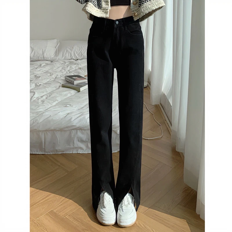 黑色高腰弹力直筒开叉牛仔裤女秋冬新款大码女装宽松微喇阔腿裤子