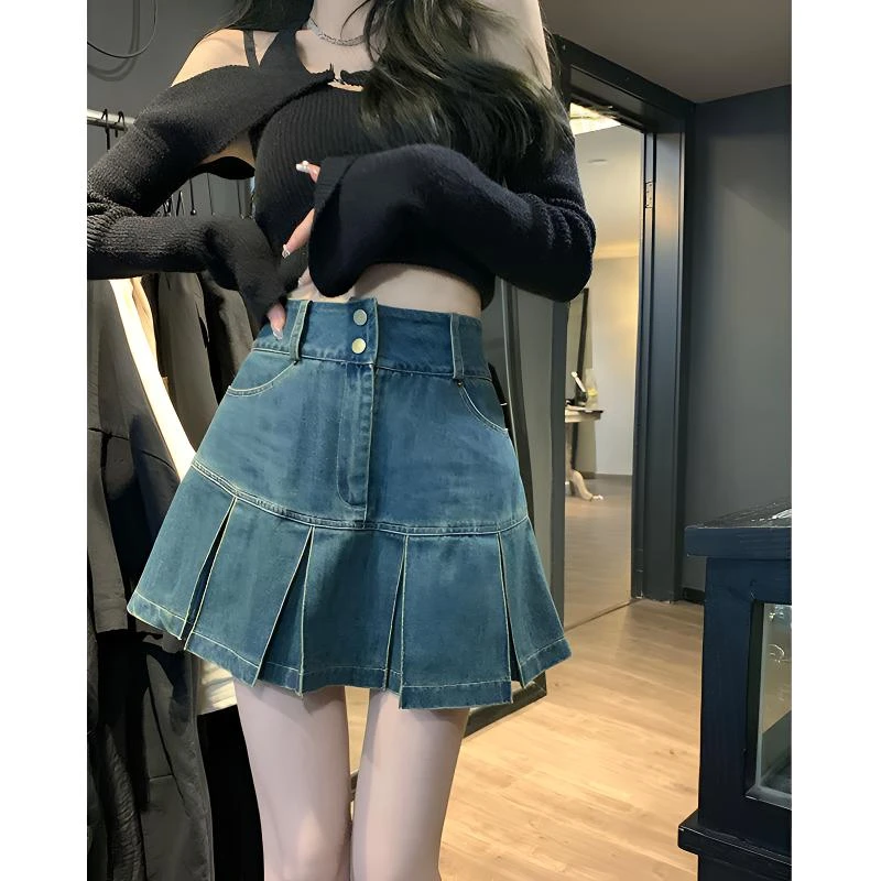 高腰百褶牛仔半身裙女春季大码女装遮肚显瘦设计感a字包臀短裙子