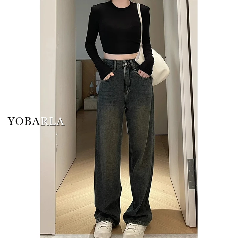 水泥灰阔腿牛仔裤女秋季新款高腰宽松显瘦大码加绒梨形身材直筒裤