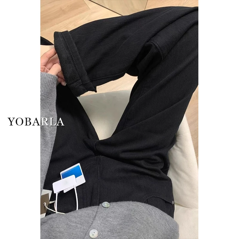 黑色直筒牛仔裤女冬季加绒胖mm百搭大码高腰宽松梨形身材阔腿裤子