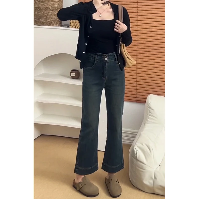 微喇牛仔裤女冬季加绒大码胖mm弹力显瘦梨形身材小个子九分喇叭裤