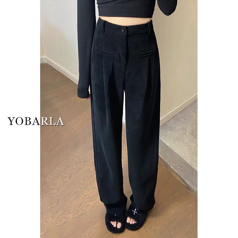 黑色雪尼尔直筒休闲裤女大码高腰冬季加绒胖mm宽松灯芯绒阔腿裤子