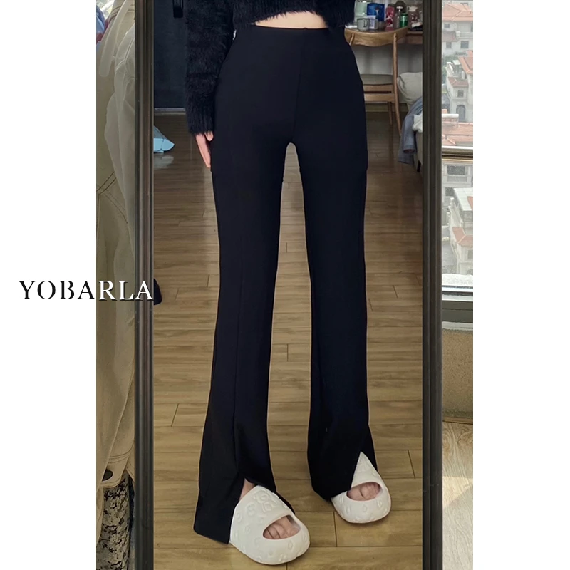 黑色开叉休闲窄版西装裤女秋冬新款阔腿大码高腰显瘦梨形身材裤子