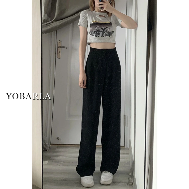 黑色休闲西装裤女秋冬新款宽松直筒大码高腰显瘦垂感梨型身材裤子