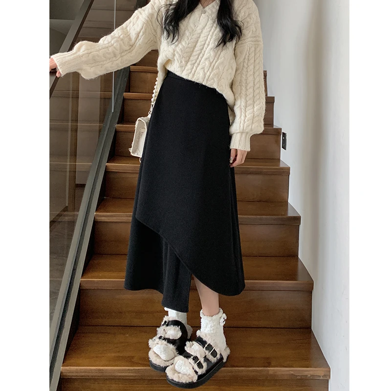 黑色针织半身裙女夏季新款遮胯大码宽松显瘦中长款高腰a字鱼尾裙