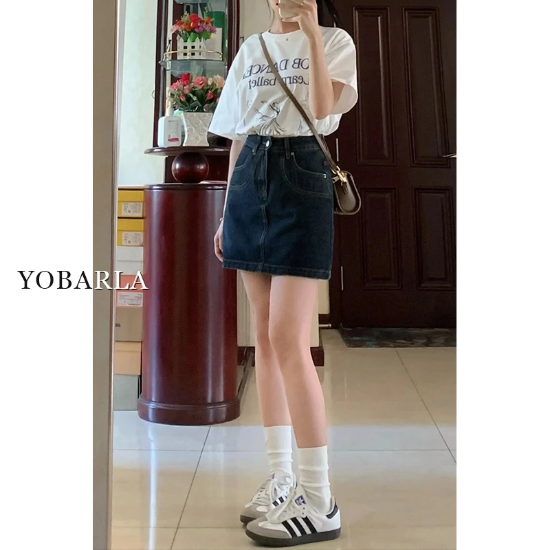 深蓝色牛仔短裙女高腰秋冬新款大码显瘦梨形身材小个子a字半身裙