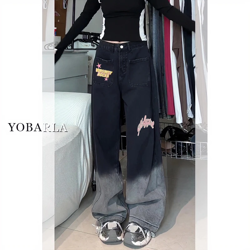 黑色渐变刺绣牛仔裤女高腰秋冬大码宽松显瘦梨形身材胖mm阔腿裤子