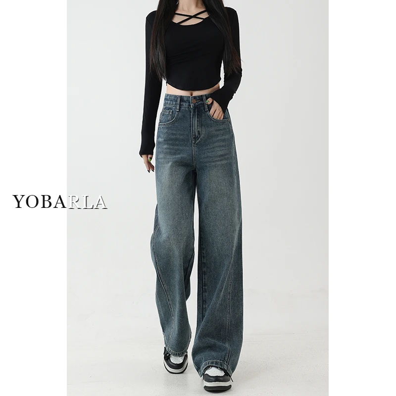 水洗蓝阔腿牛仔裤女秋冬新款大码胖mm高腰宽松梨形身材显瘦直筒裤