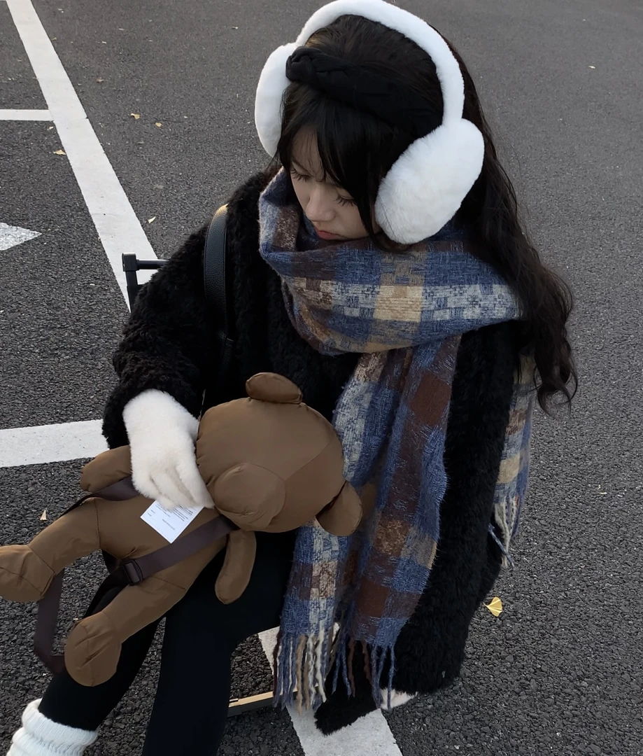 韩国潮牌ins秋冬新款2024新款韩版复古格纹网红围巾穿搭格子围脖