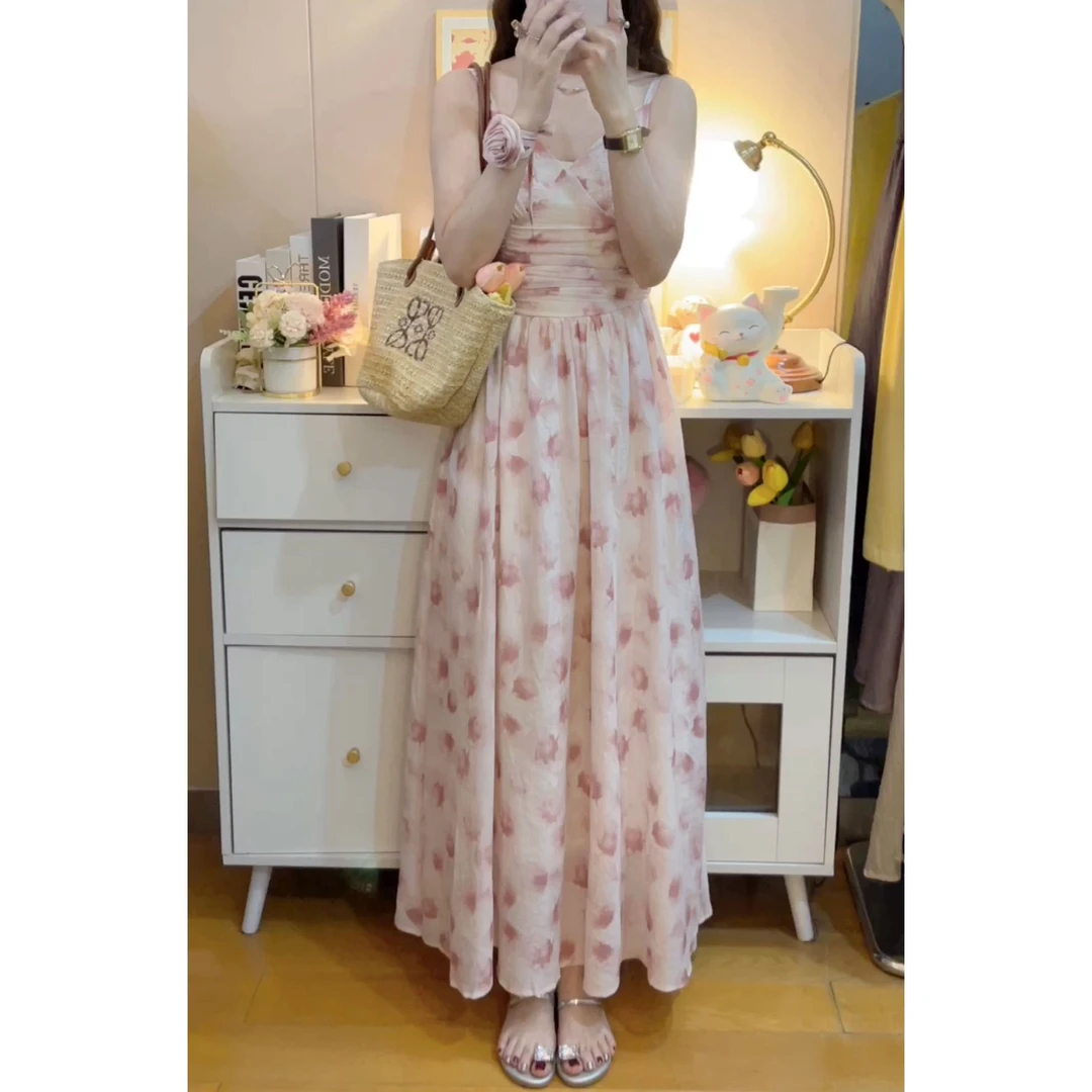 【喜雨】韩国东大门2024气质V领褶皱收腰碎花吊带连衣裙319#