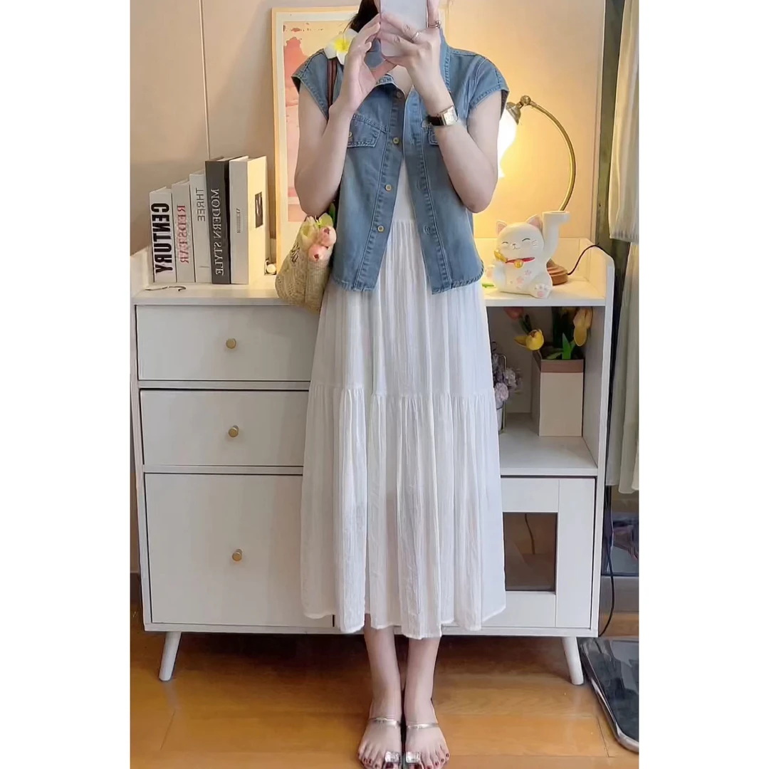 【喜雨】新款POLO领单排扣飞飞袖牛仔外套+吊带连衣裙时尚套装329#