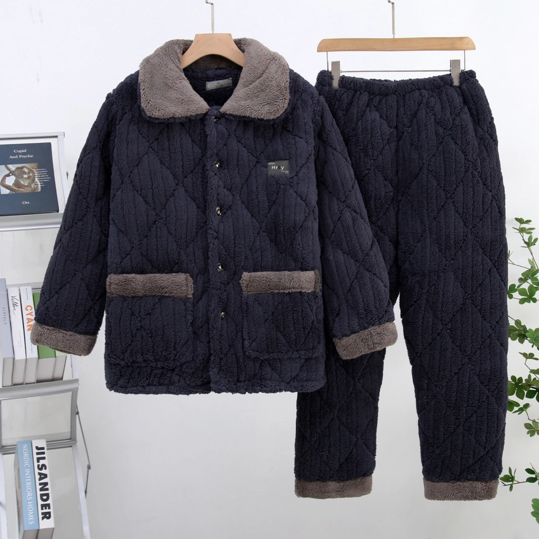 冬季男士三层夹棉冬天法兰绒加绒加厚保暖中老年人冬天套装家居服