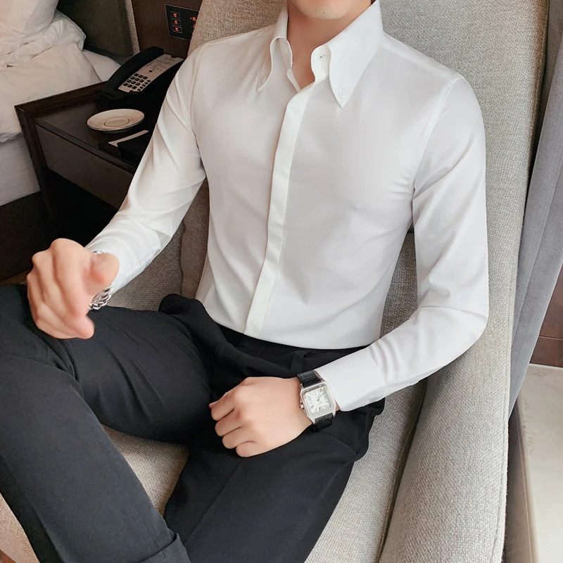 法式大领衬衫男长袖高级感雅痞西装衬衣秋季型男商务修身纯色寸衫