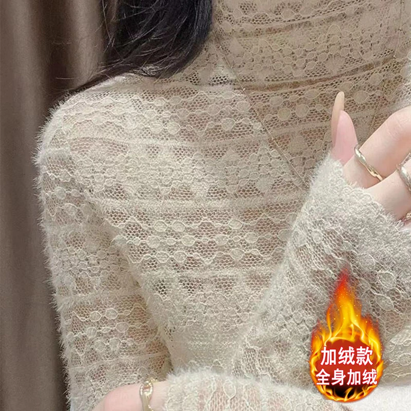 秋冬时尚新款洋气半高领长袖钩花镂空磨毛植绒加绒蕾丝打底衫上衣