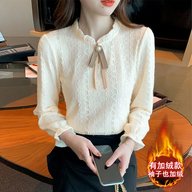 秋冬季加绒半高领打底衫女新款修身遮肚子显年轻百搭蕾丝小衫女潮