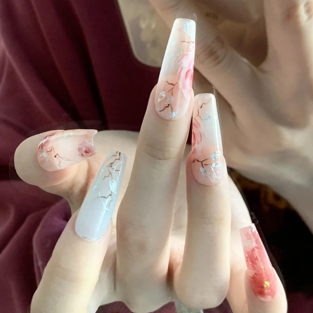 【胭脂红-芍药系列】国风手绘原创日常显白通勤高级超好看穿戴甲