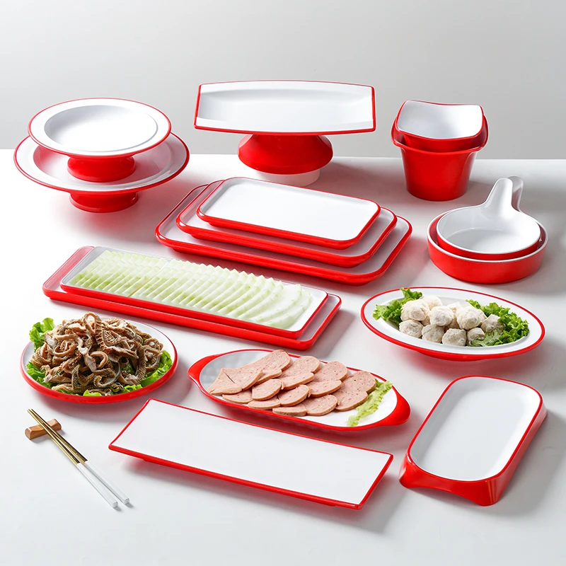 密胺红白双色餐具烧烤盘火锅配菜凉菜盘子网红商用仿瓷盘餐厅酒店