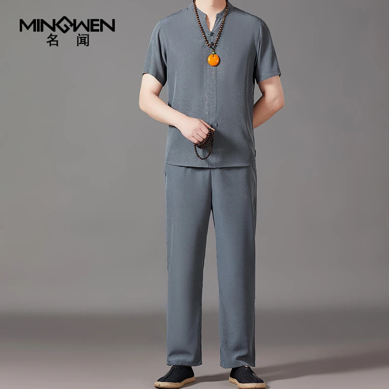 冰丝短袖唐装套装男夏季薄时尚潮流新中式国风印花刺绣立领两件套