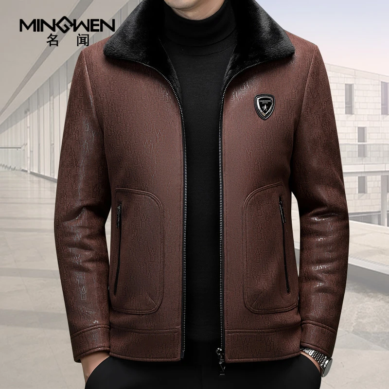 仿麂皮绒夹克男冬季加绒加厚时尚潮流高级感仿皮毛一体立翻领外套