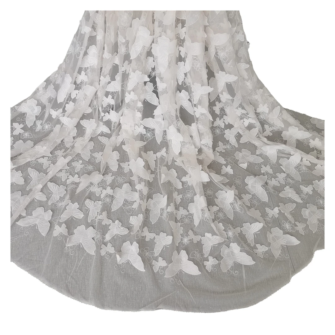 白色满绣立体蝴蝶花高端亲肤舒适连衣裙网纱刺绣布料 宽幅1.47