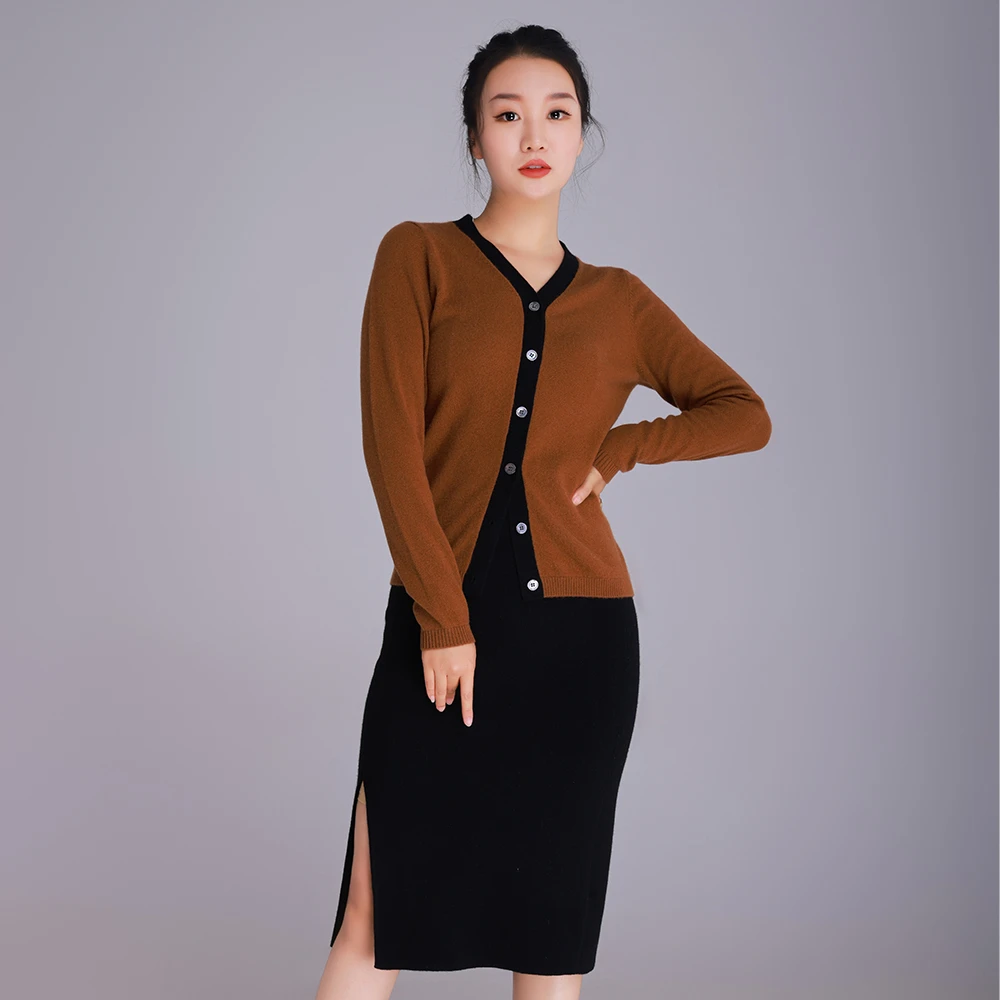 秋冬时尚女羊绒开衫 气质长袖100羊绒女士开衫 撞色拼接羊绒衫