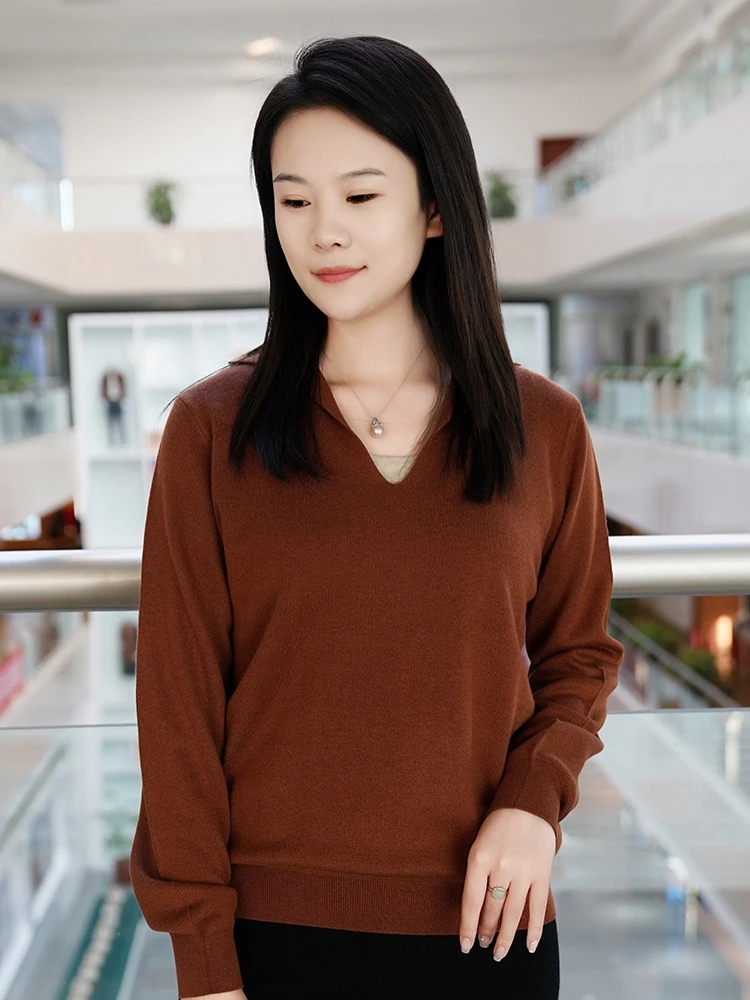 丝羊绒女士翻领T恤衫 百搭长袖宽松羊绒衫 桑蚕丝气质针织v领女衫