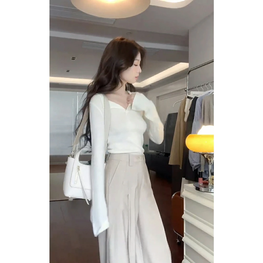 极简风长袖针织衫早秋女装气质V领修身上衣显瘦百搭打底衫内搭