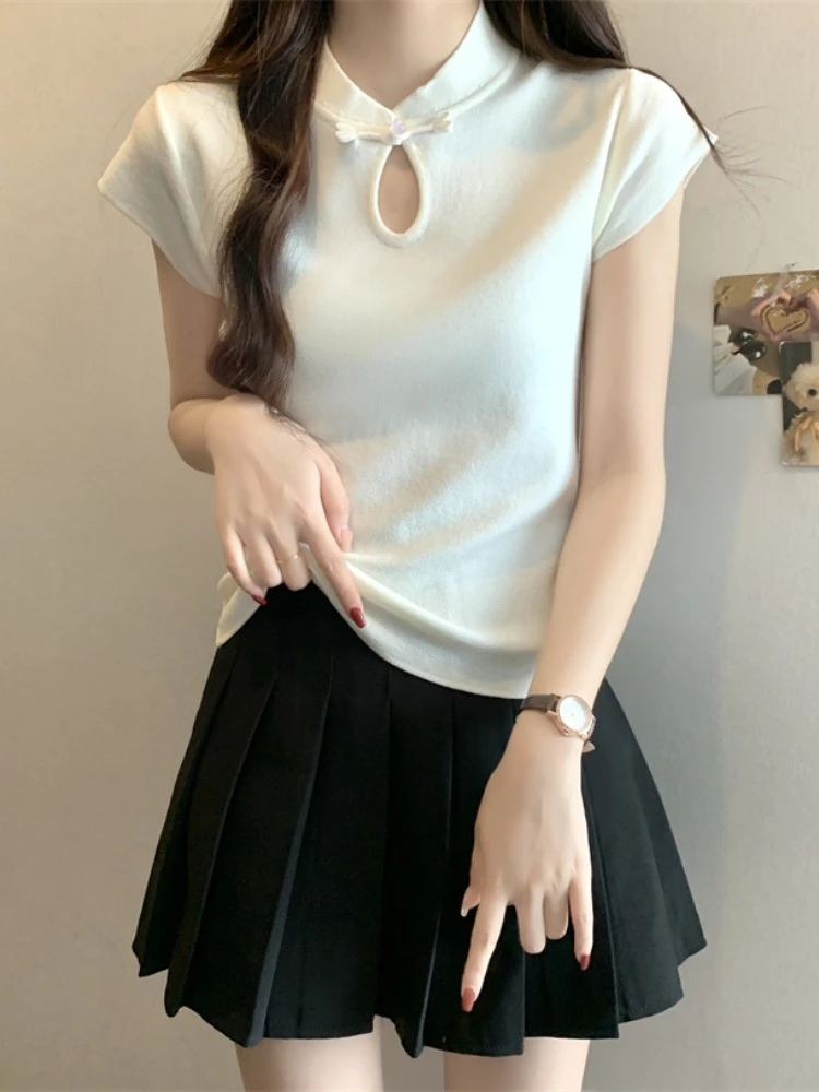 新中式立领螺纹冰丝镂空盘扣针织短袖女夏季早春新款国风小衫显瘦