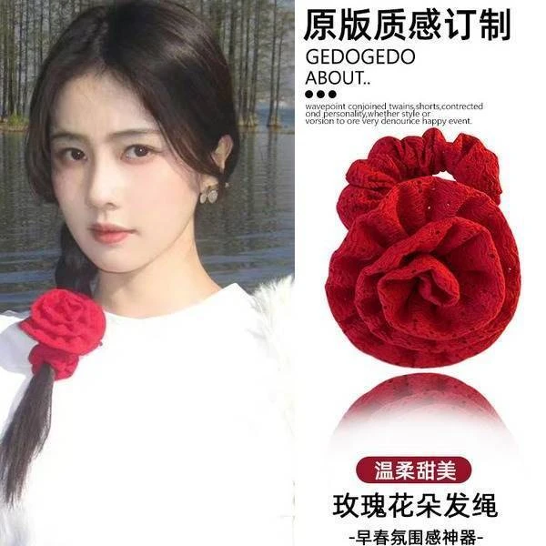 白鹿同款红玫瑰花朵发圈女森系扎侧马尾头花发绳可爱甜妹皮筋头绳
