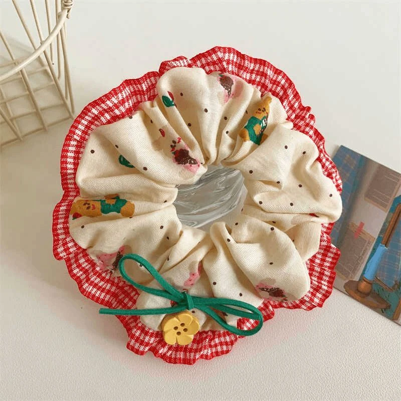 森系花朵纽扣蕾丝大肠发圈手作发饰红色发绳显白夏天可爱甜美头饰