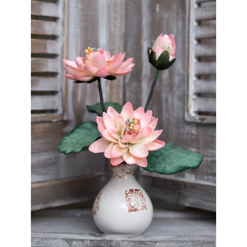 仿真荷花摆件莲花绒布新中式装饰花艺禅意客厅插画假花小荷花