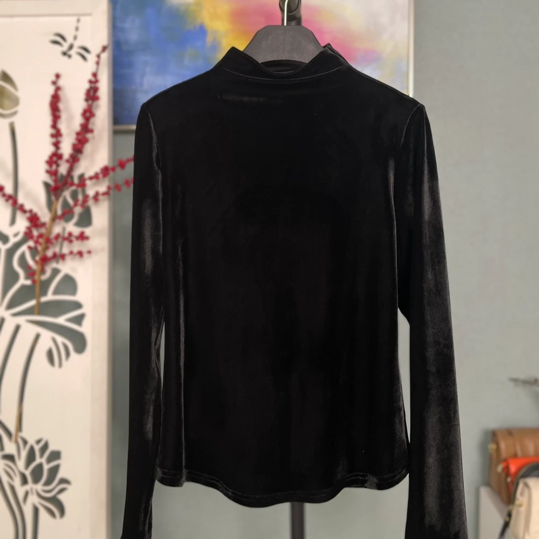 女士气质显瘦百搭半高领时尚黑色长袖丝绒打底衫