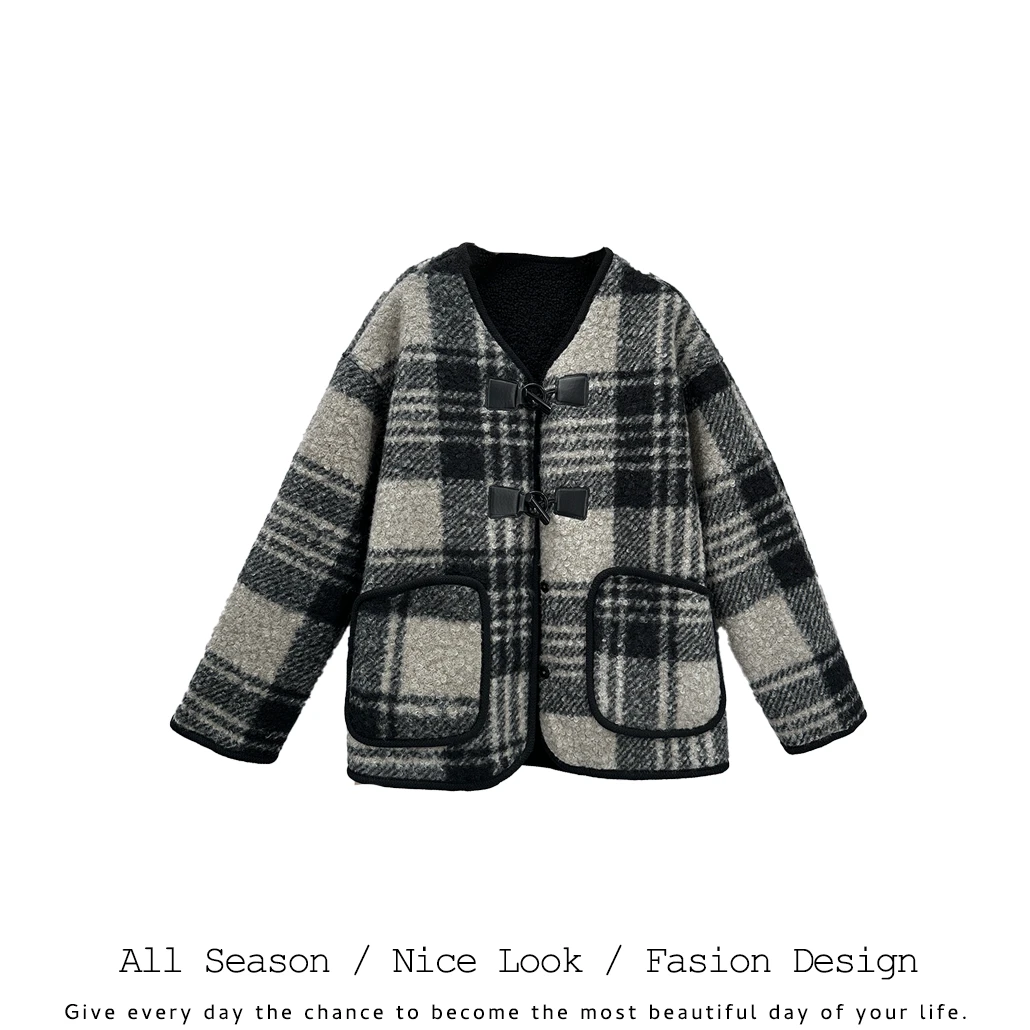 840   时尚撞色格纹大口袋宽松百搭秋冬外套     款号#653