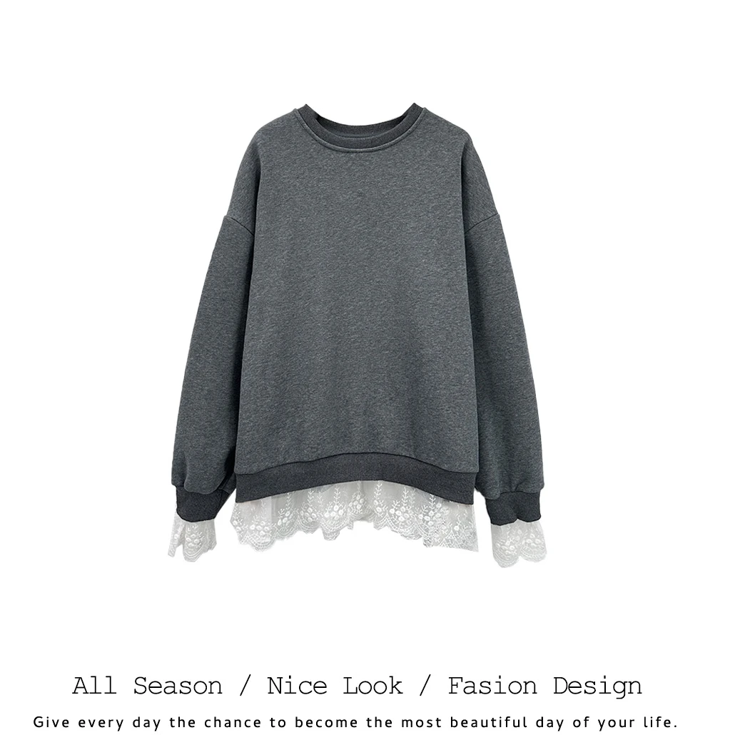 385        潮流时尚双色拼接蕾丝花边百搭圆领卫衣    款号#9033