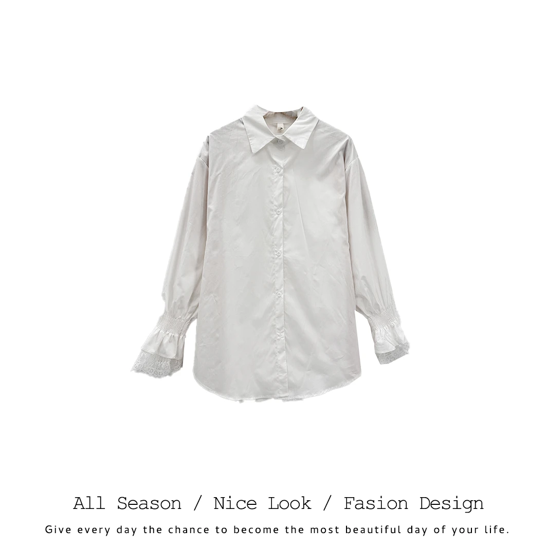 212    欧货时尚白色拼接蕾丝花边宽松百搭衬衫       款号#9009