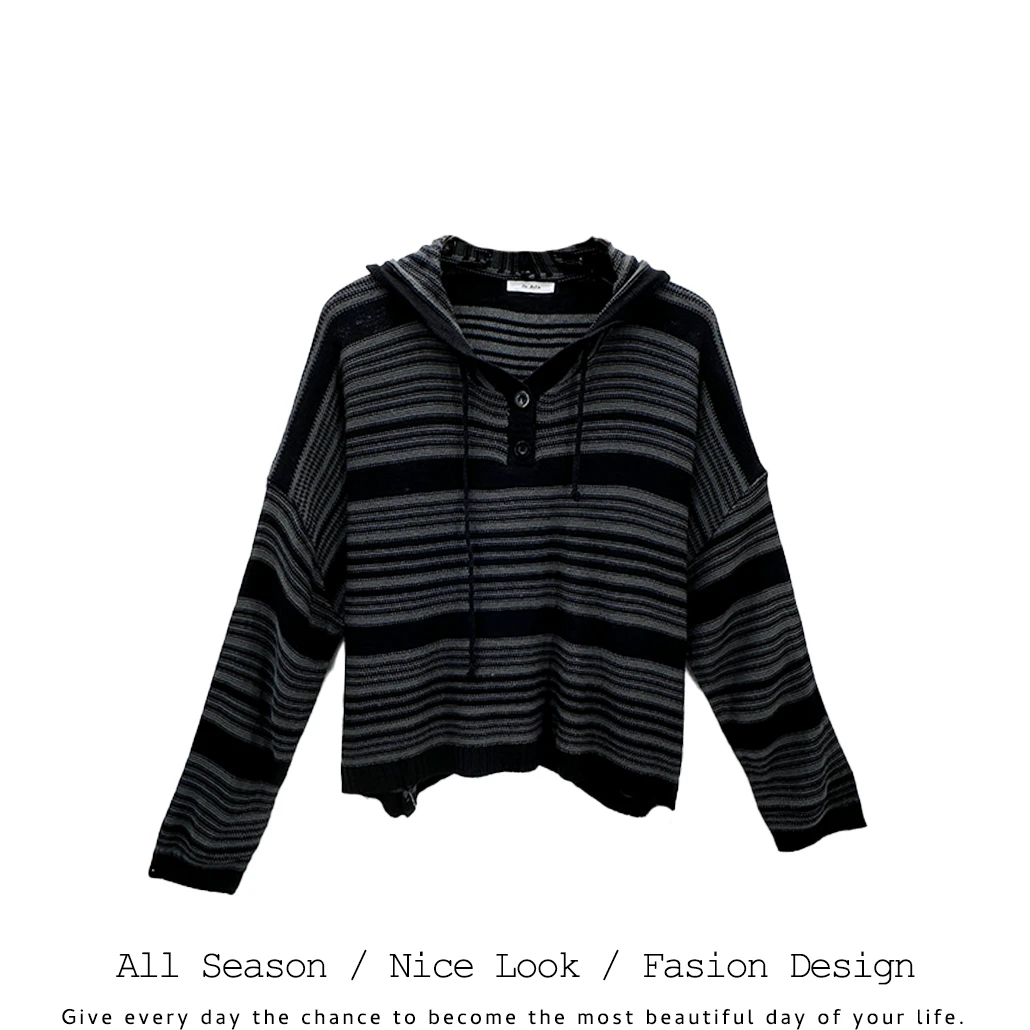 948    欧货时尚黑灰条纹百搭针织连帽套头长袖       款号#8036